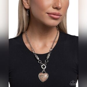 Sterling-Tone Heart Pendant Necklace with Marbled Accent in Brown